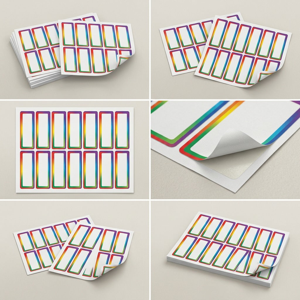 A visual matrix image featuring three multi-angle views and a flat layout of the specific Avery rainbow-bordered labels.