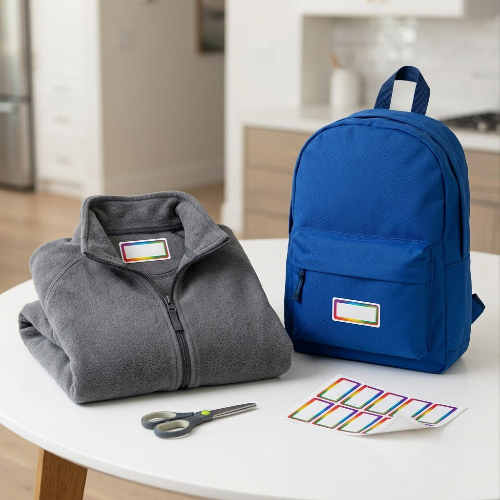 Avery rainbow labels applied to a grey fleece jacket and a blue backpack on a white table.