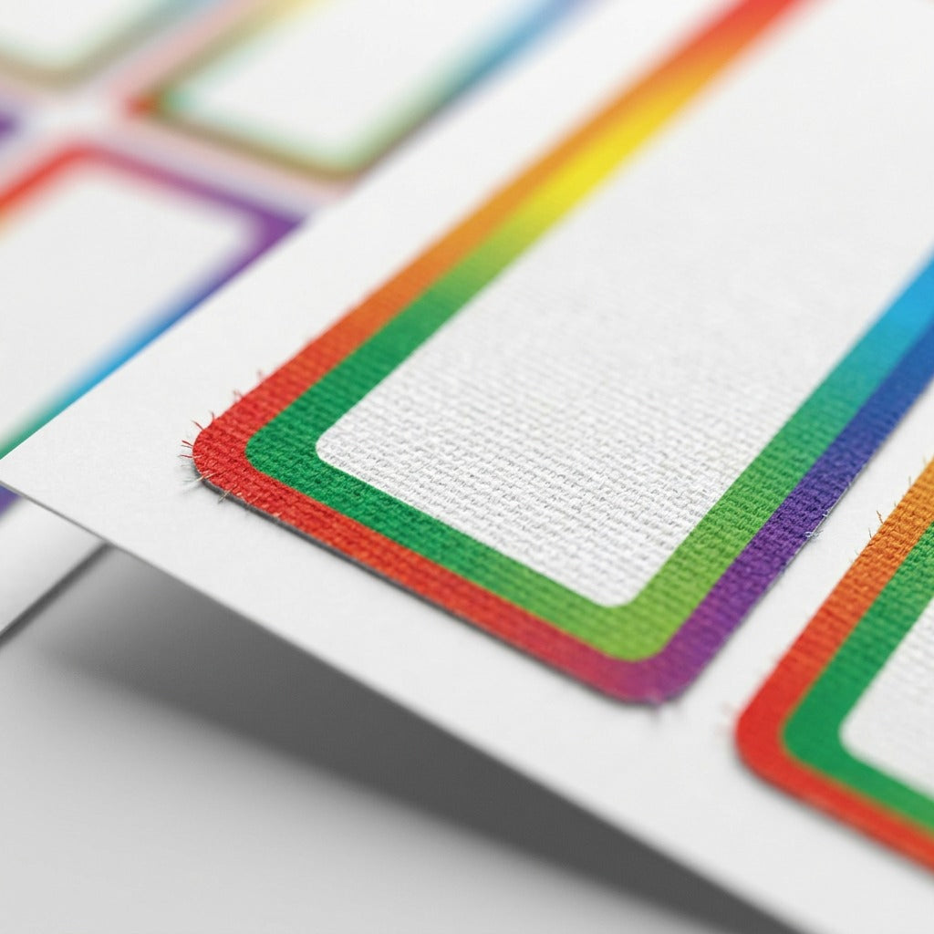 Macro photo detail of an Avery no-iron fabric label, highlighting its textured weave construction.