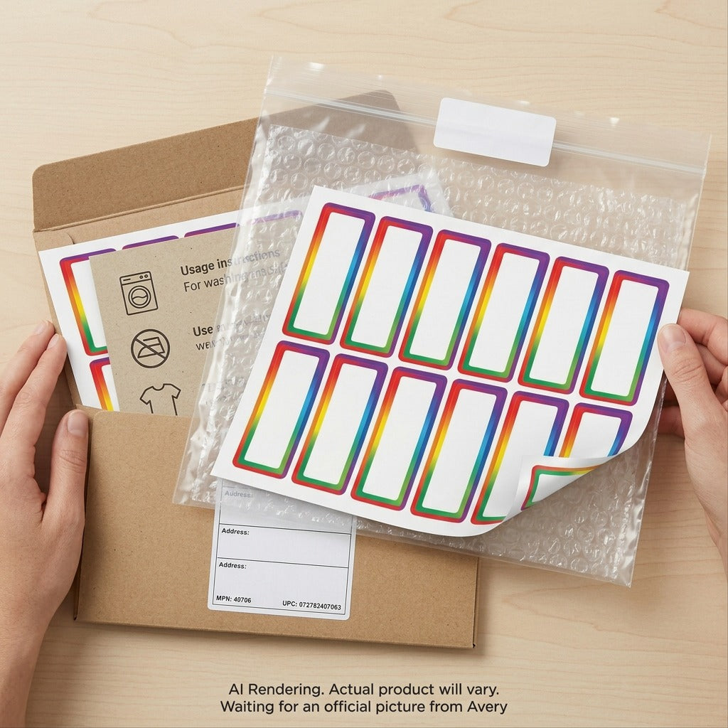 Two sheets of Avery No-Iron Fabric Labels are securely packaged in a clear polybag and stiff envelope.