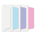 A high-resolution photograph of individual Avery UltraTabs in pastel blue, lavender, and pink, plus one all-white tab, neatly arranged against a pure white background. Each tab has a clear two-sided writeable area from the source material and is shown to realistic scale with sharp edges and realistic lighting. All packaging and text have been removed.