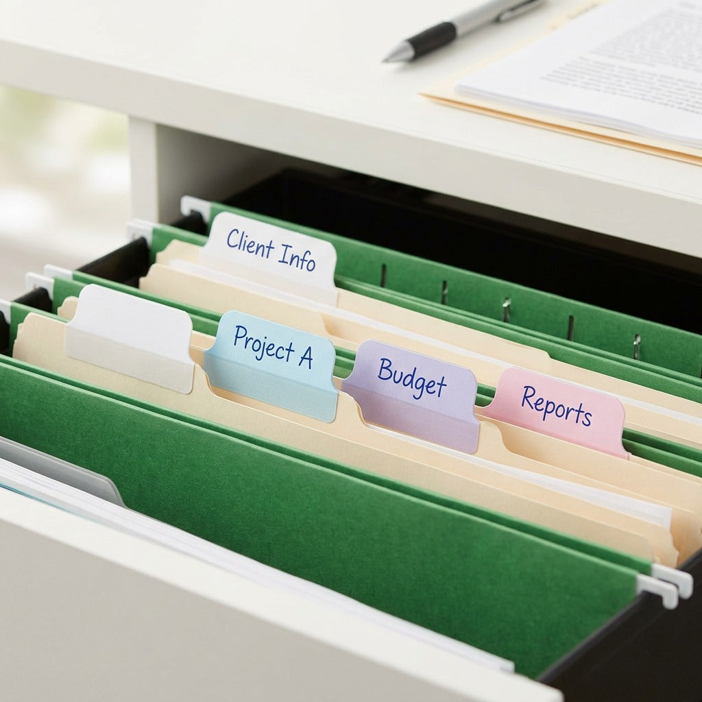 A clean, well-lit photo of multi-colored pastel Avery UltraTabs attached to manila hanging file folders.