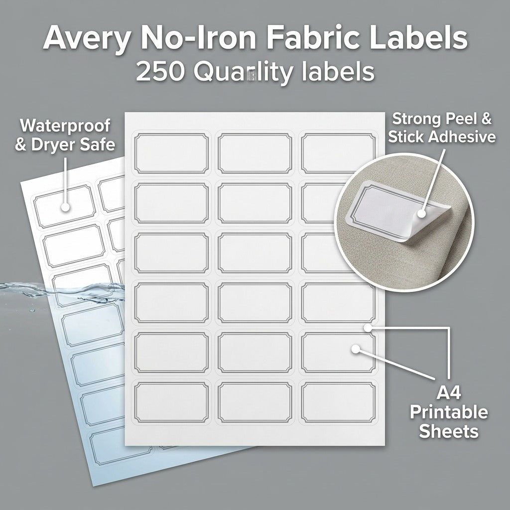 Feature callout graphic shows a pack of Avery No-Iron grey border labels with waterproof and printable qualities.
