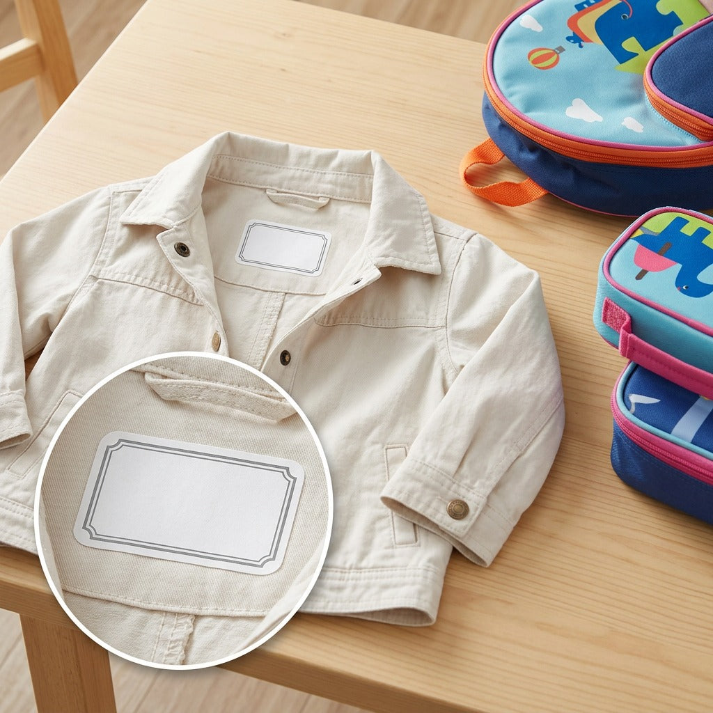 Avery No-Iron label with grey border adhered to a clothing tag in a home setting.