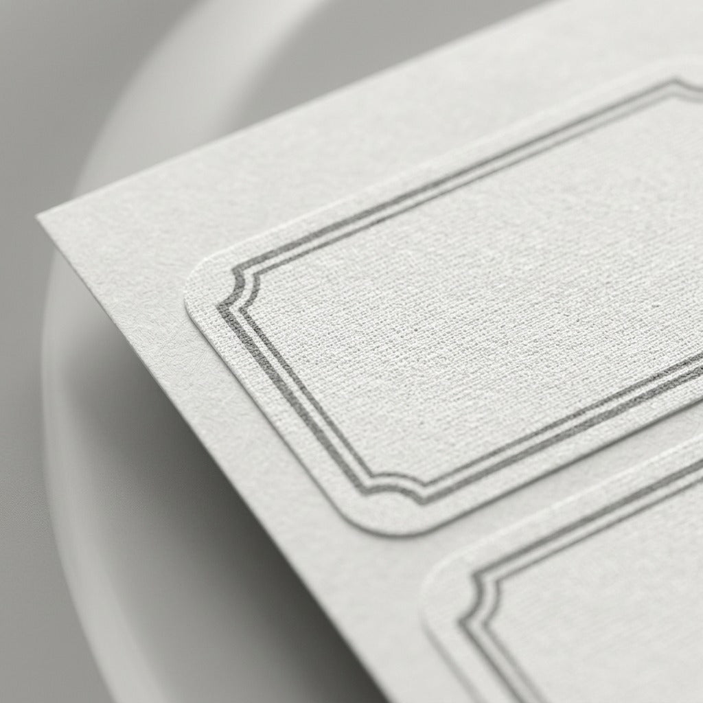 Macro photo highlights the fine fabric texture and grey scalloped edge of an Avery 2376 label.