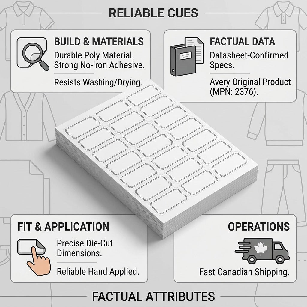 An infographic showing visual cues for reliability: durable poly material, strong adhesive, accurate border, and fast Canadian shipping.