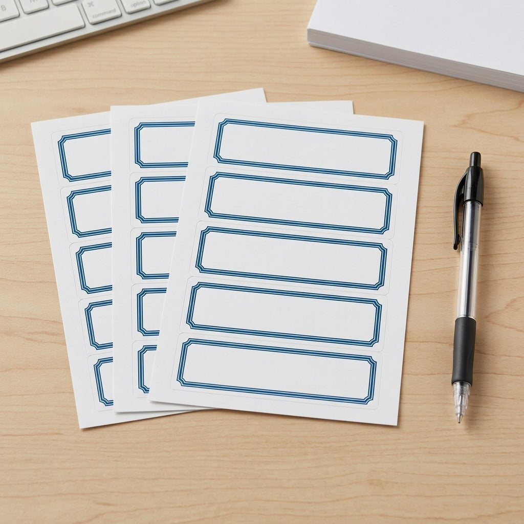 A clean overhead photo of the three label sheets on a desk, positioned next to a standard pen.