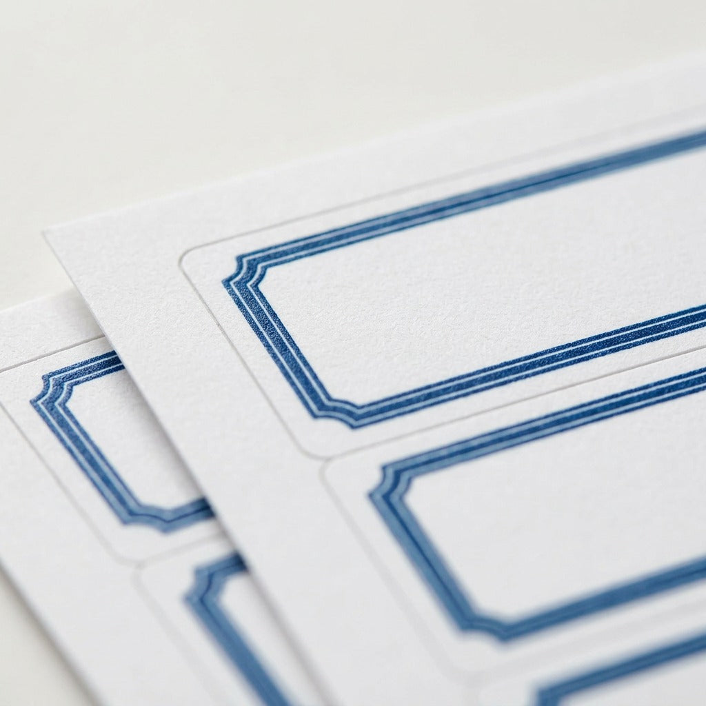 Macro inspect shows the texture of Avery paper and the precise blue printed border on the labels.