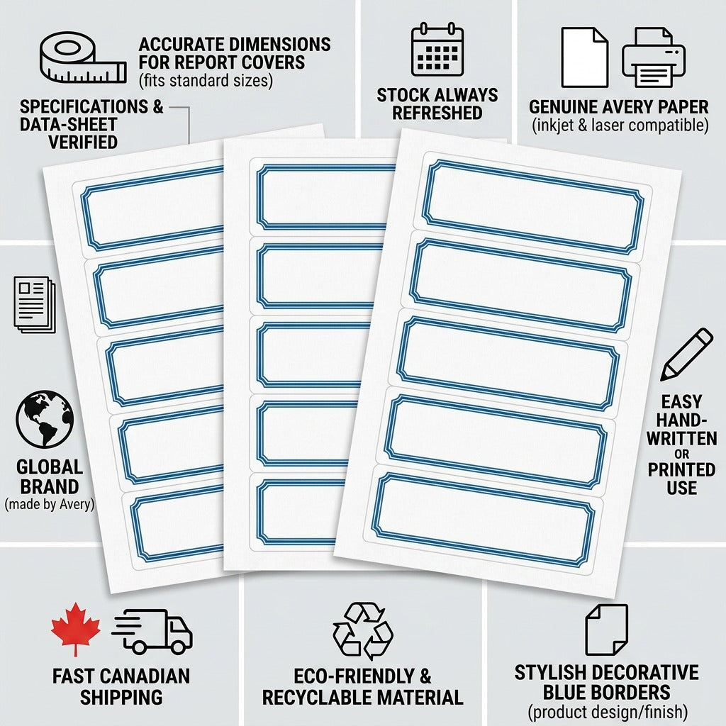 A clean ecommerce infographic featuring the Avery report cover labels sheet with icons conveying trust and factual product details.