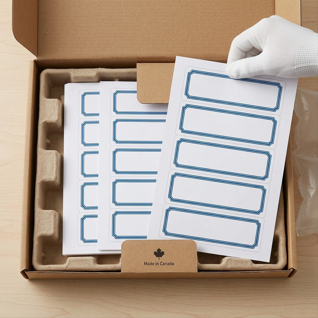 A premium close-up photo of three Avery report cover label sheets, with their distinctive blue decorative borders and multiple label compartments as seen in image_0.png, resting inside a customized, sturdy kraft shipping box. The product is securely nestled in clean, protective natural fiber dunnage. One hand is gently removing a top sheet. The scene reduces shipping anxiety.