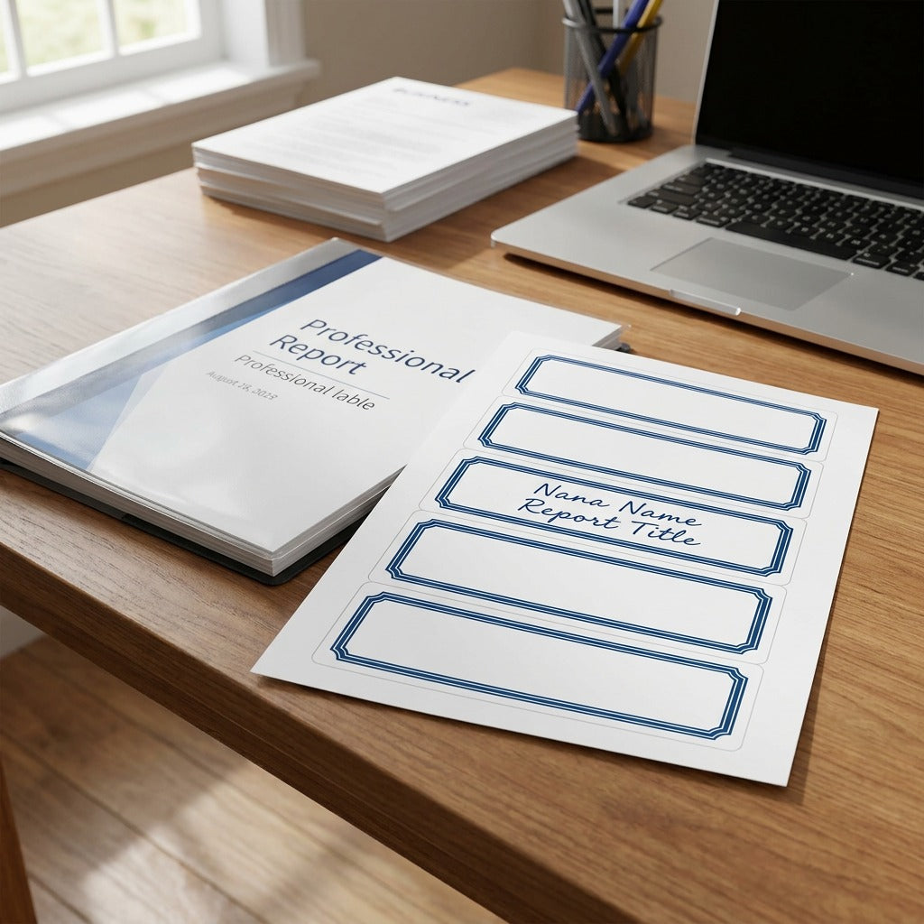 A single Avery white label sheet is shown on a desk next to a professional report binder.