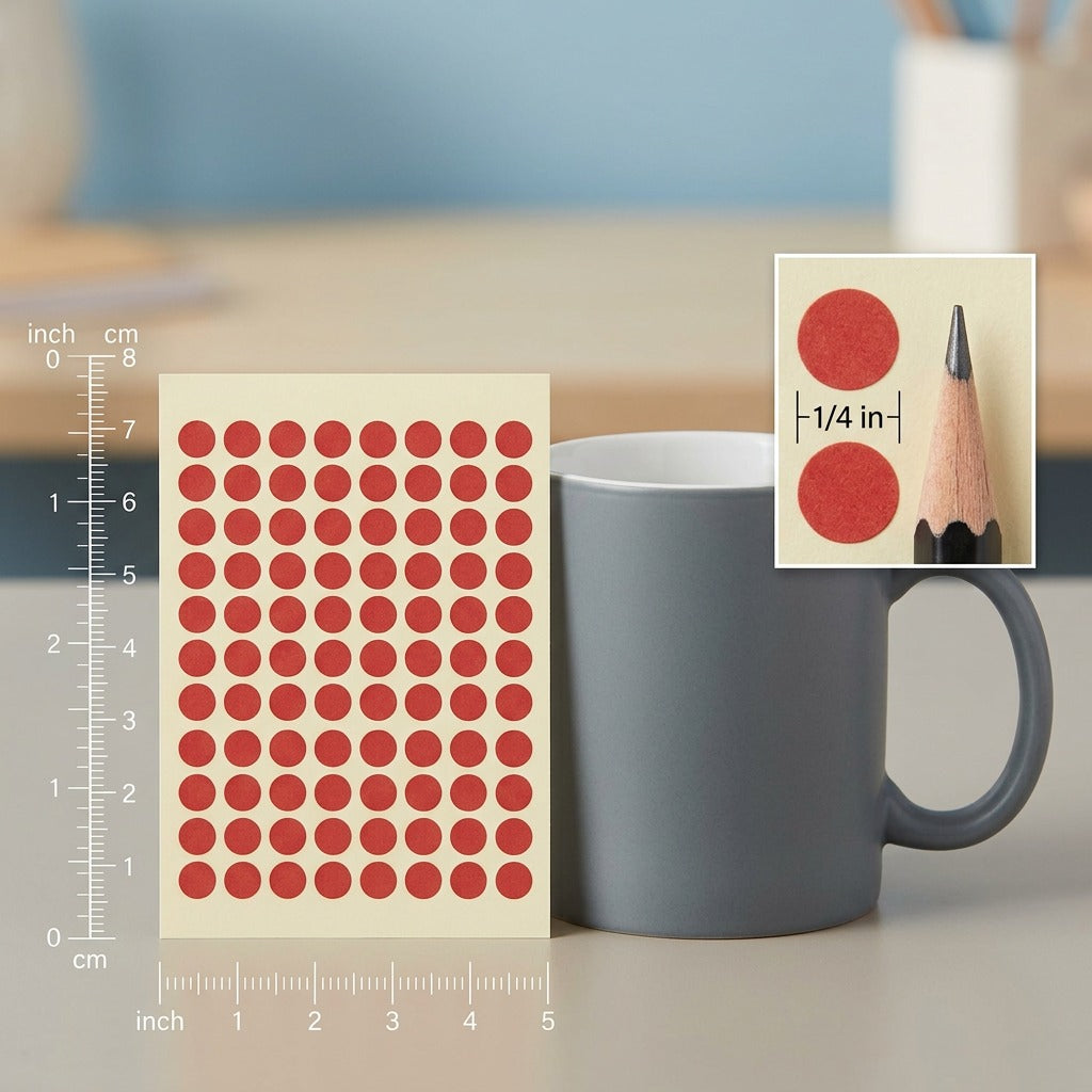 Scale comparison: Avery 1/4" red round color-coding labels shown next to an urban-style coffee mug.