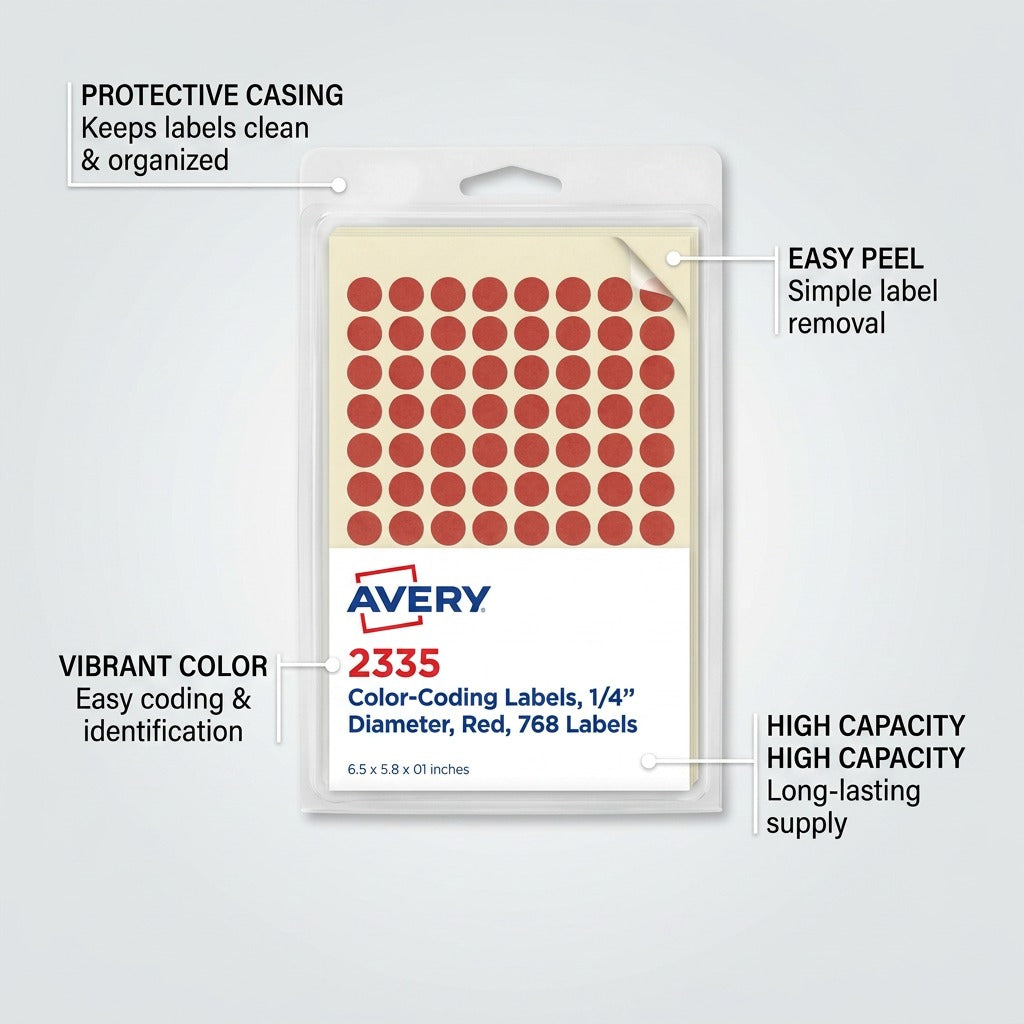 An infographic showing the Avery 2335 red label card with callouts for removable adhesive and multi-surface use.