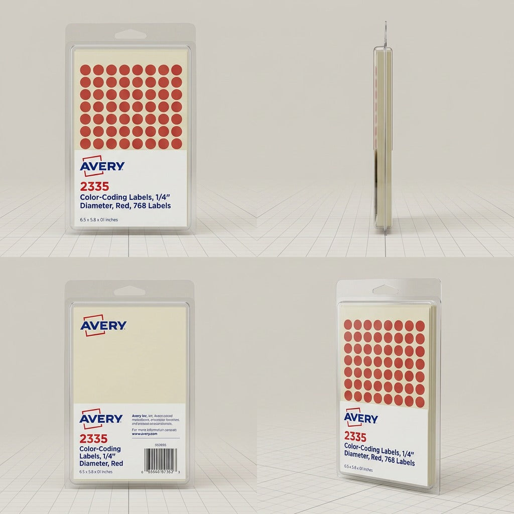A clean comparison matrix displaying the pack of red labels from four useful angles on a subtle grid.