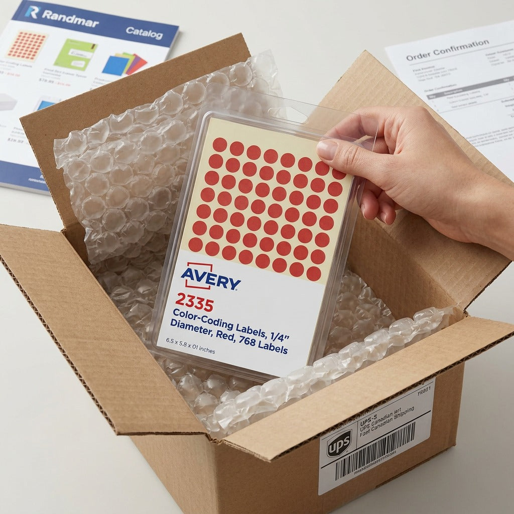 A macro photo of an Avery color-coding label pack in realistic protective bubble wrap within a shipping box.