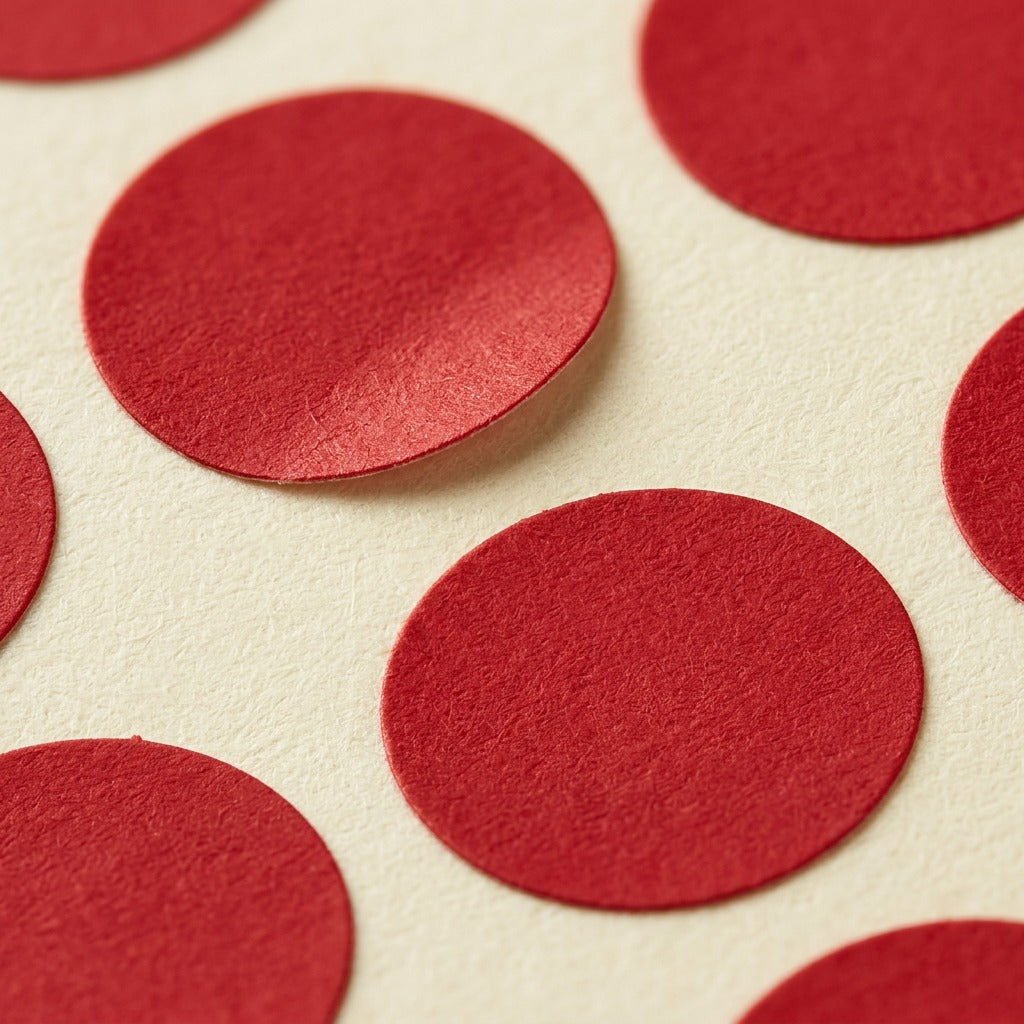 A macro photograph showing the precise 1/4 inch diameter of the red Avery color-coding labels on the textured cardstock.