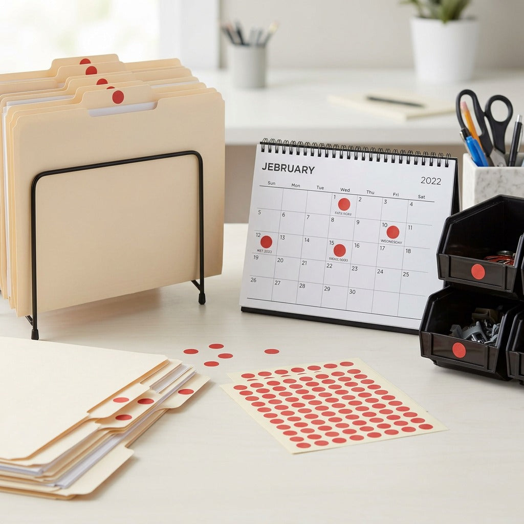 Lifestyle shot of tiny red color-coding labels applied to file folders and a calendar for organization.