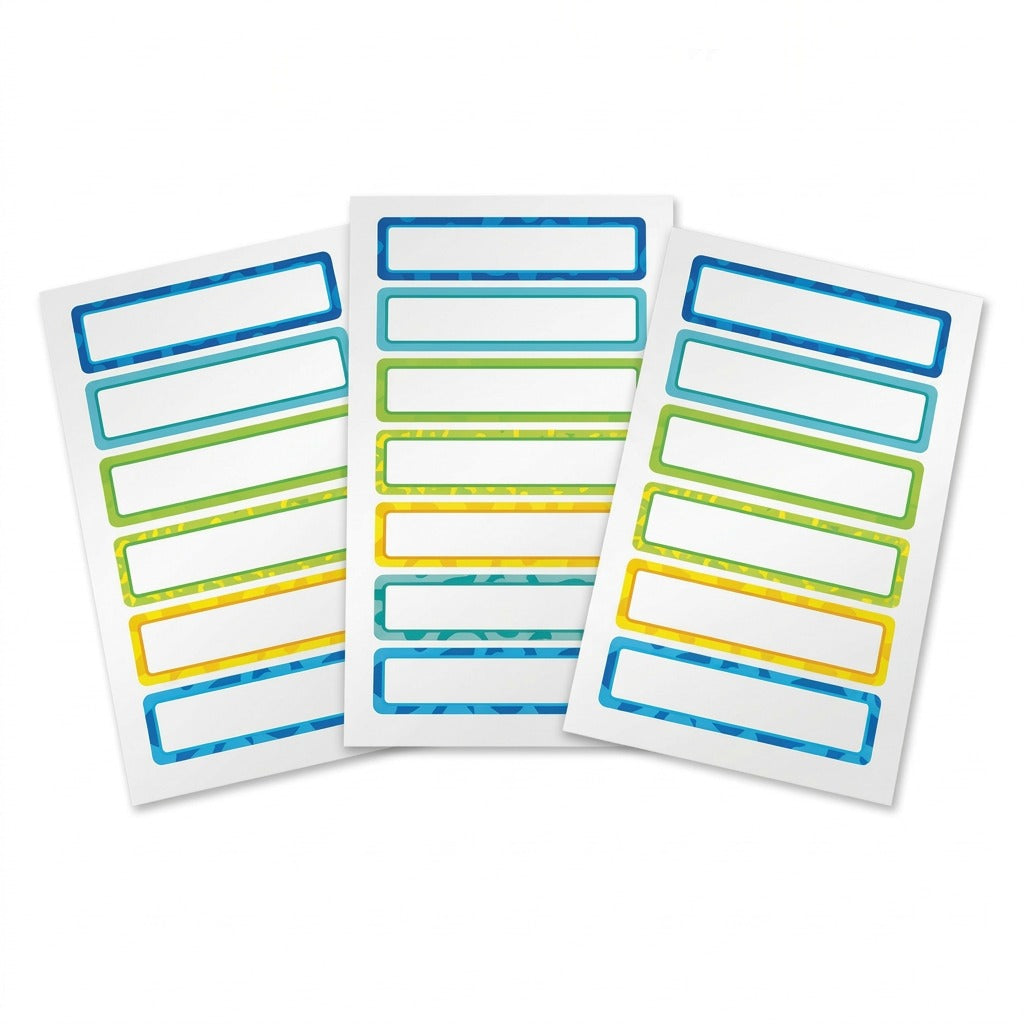 A clear hero shot showing three sheets of blank, multicolored Avery durable film labels.