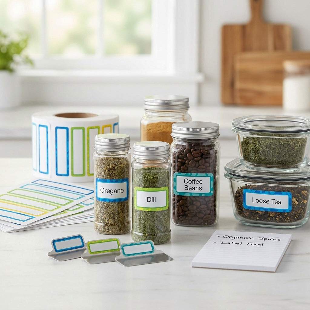 A set of colorful, pre-designed Avery durable labels applied to glass jars and plastic containers, in a realistic kitchen environment.