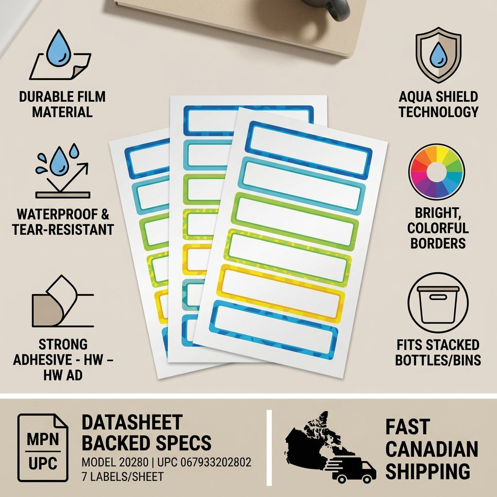 Infographic for Avery 20280 labels highlighting durability, waterproof material, and trust symbols.