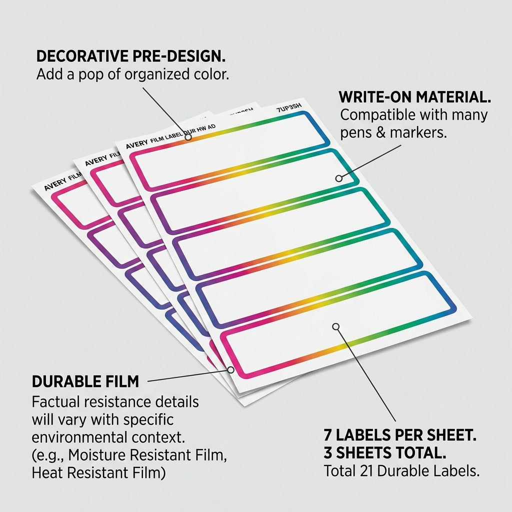 Product feature image for Avery 20280 durable film labels on a neutral background, with callouts for durability, decorative design, and writer-friendly material.