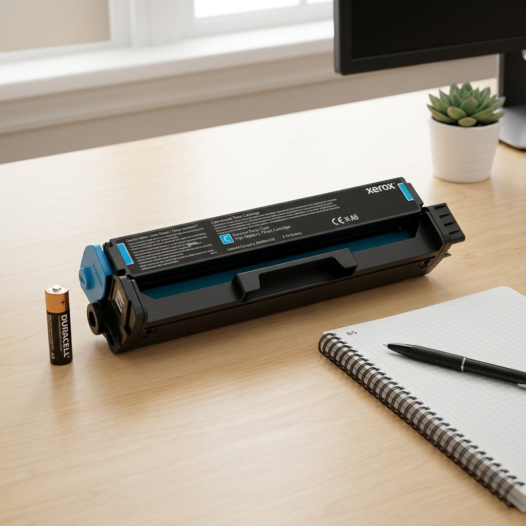 A clean desk scene showing the long-shaped Xerox cyan toner cartridge next to a standard AA battery.