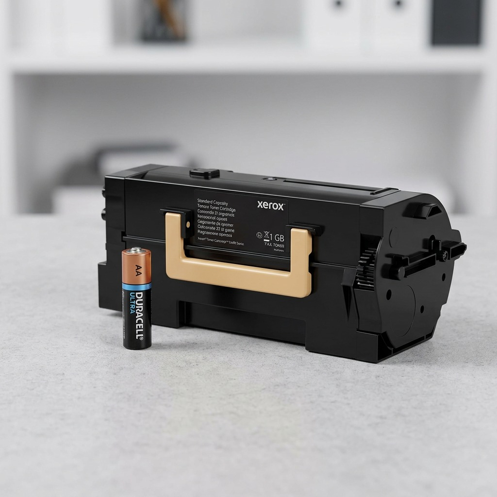 A photorealistic image showing the Xerox black toner cartridge next to a standard AA battery for size reference.