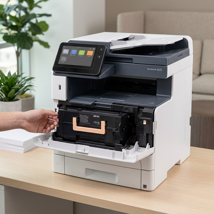 A lifestyle image showing the Xerox black toner cartridge resting inside an open VersaLink printer, ready for use.