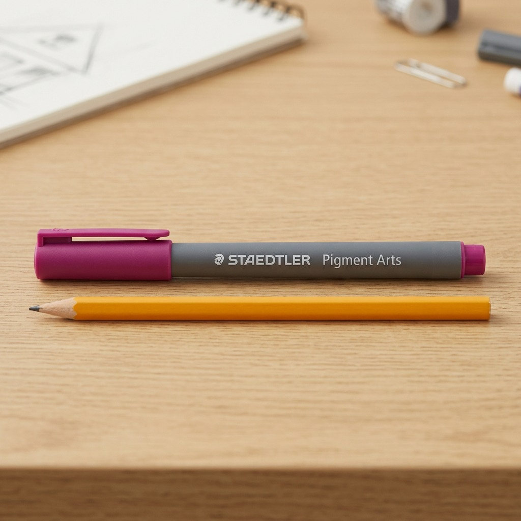 A product photograph comparing a STAEDTLER Pigment Arts magenta pen to a standard pencil.