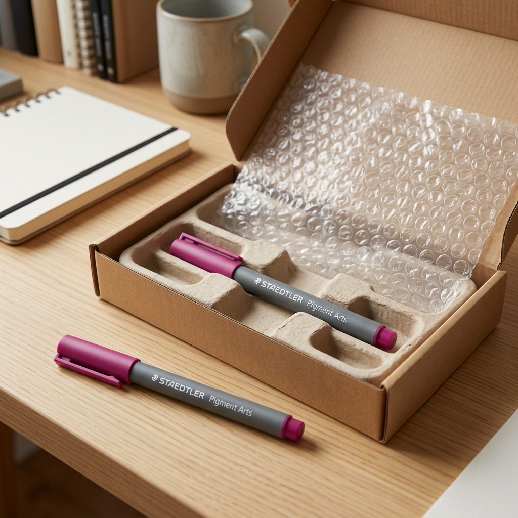 A realistic unboxing photo shows the magenta STAEDTLER Pigment Arts pen in a protective shipping box with molded pulp.