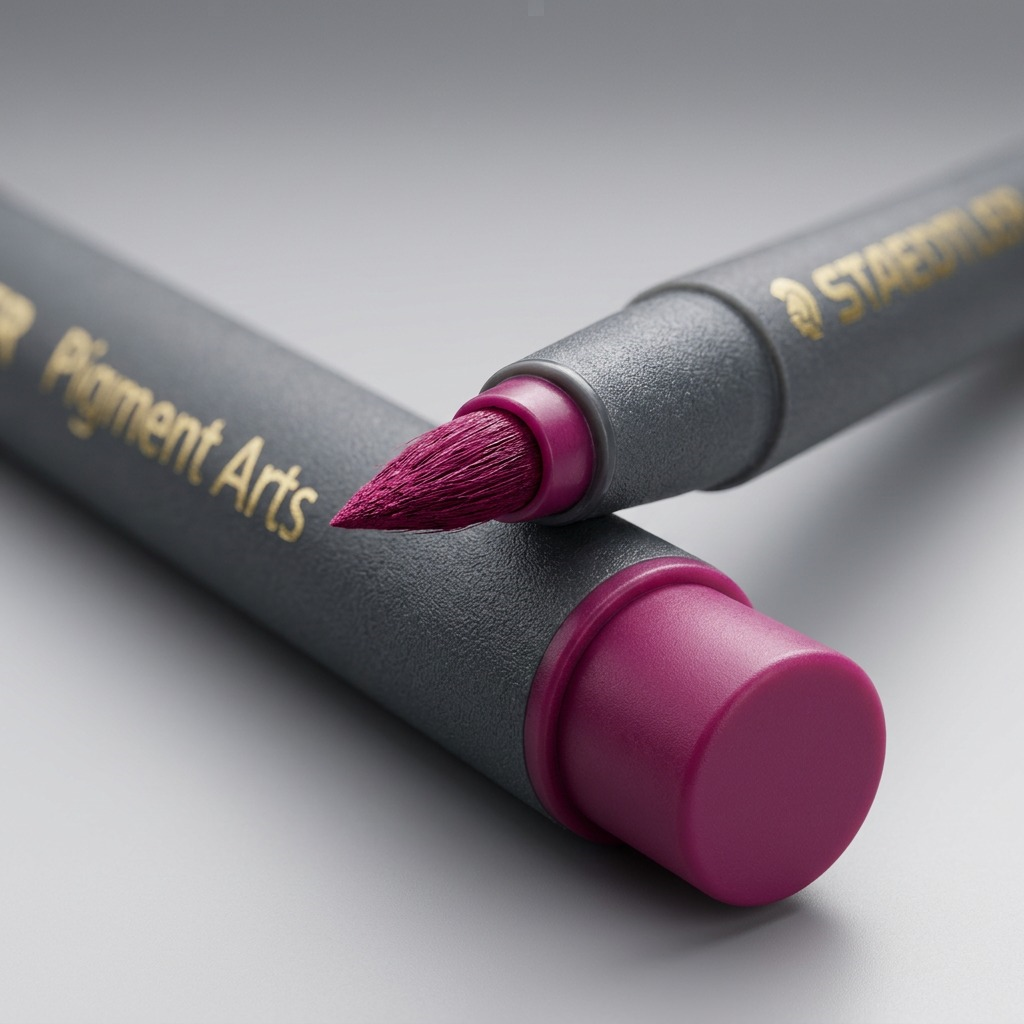 Macro view: Magenta Staedtler Pigment Arts pen brush tip, grey textured body, gold branding.