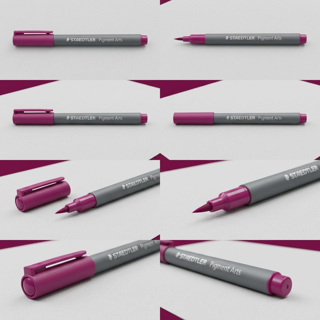 A multi-angle display matrix of the STAEDTLER Pigment Brush Pen, showing top, side, and tip views.