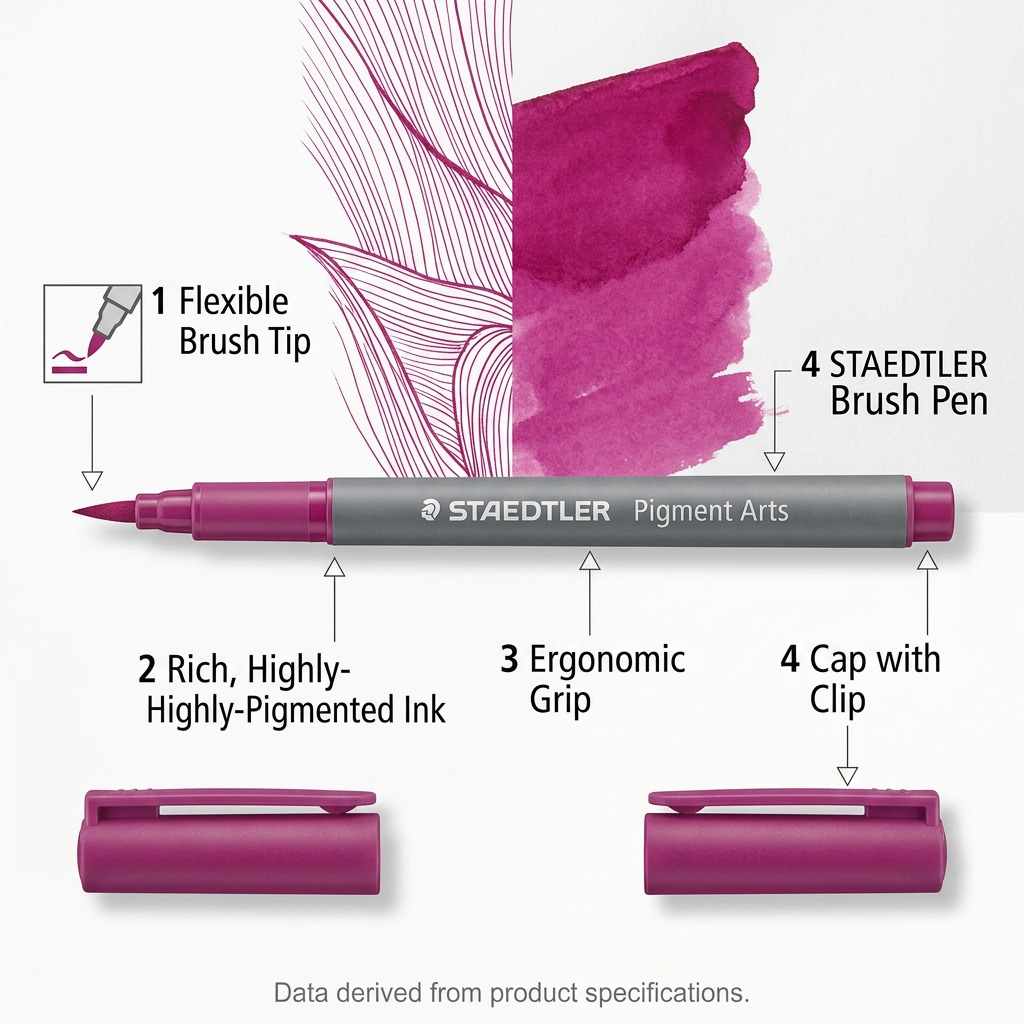 An operational feature matrix of the STAEDTLER Pigment Arts Brush Pen, highlighting the flexible brush tip and ink.