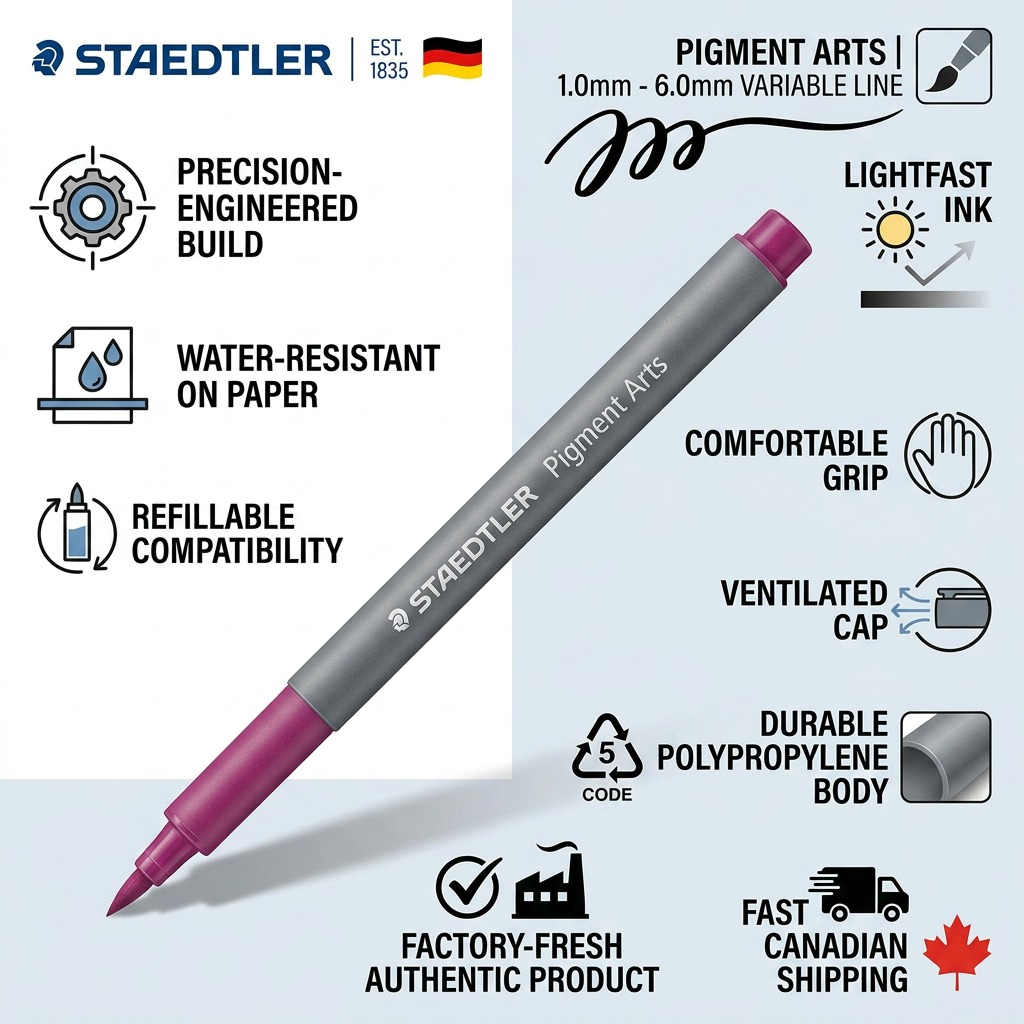 An eCommerce trust infographic featuring the STAEDTLER Magenta Pigment Arts Brush Pen.