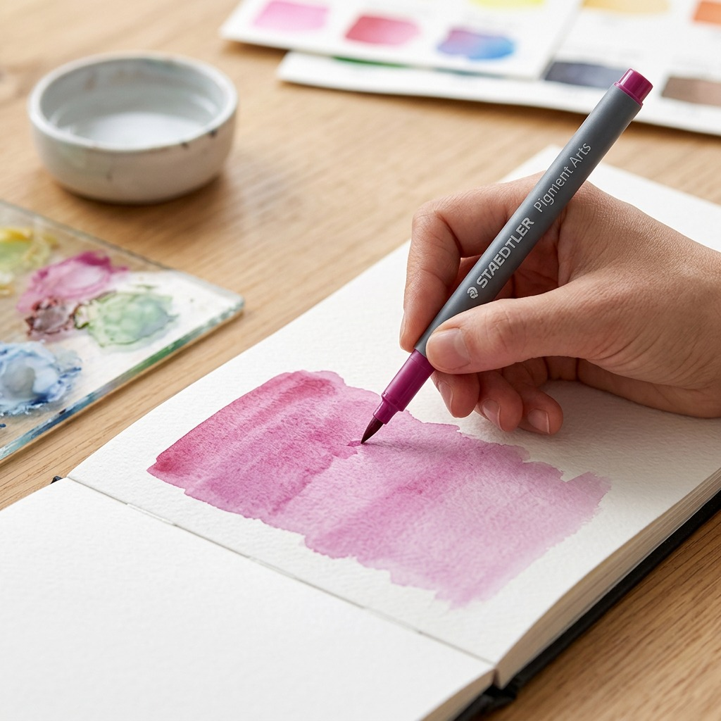 A close-up photograph of a magenta STAEDTLER Pigment Brush Pen being used to color an art journal on a wooden table.