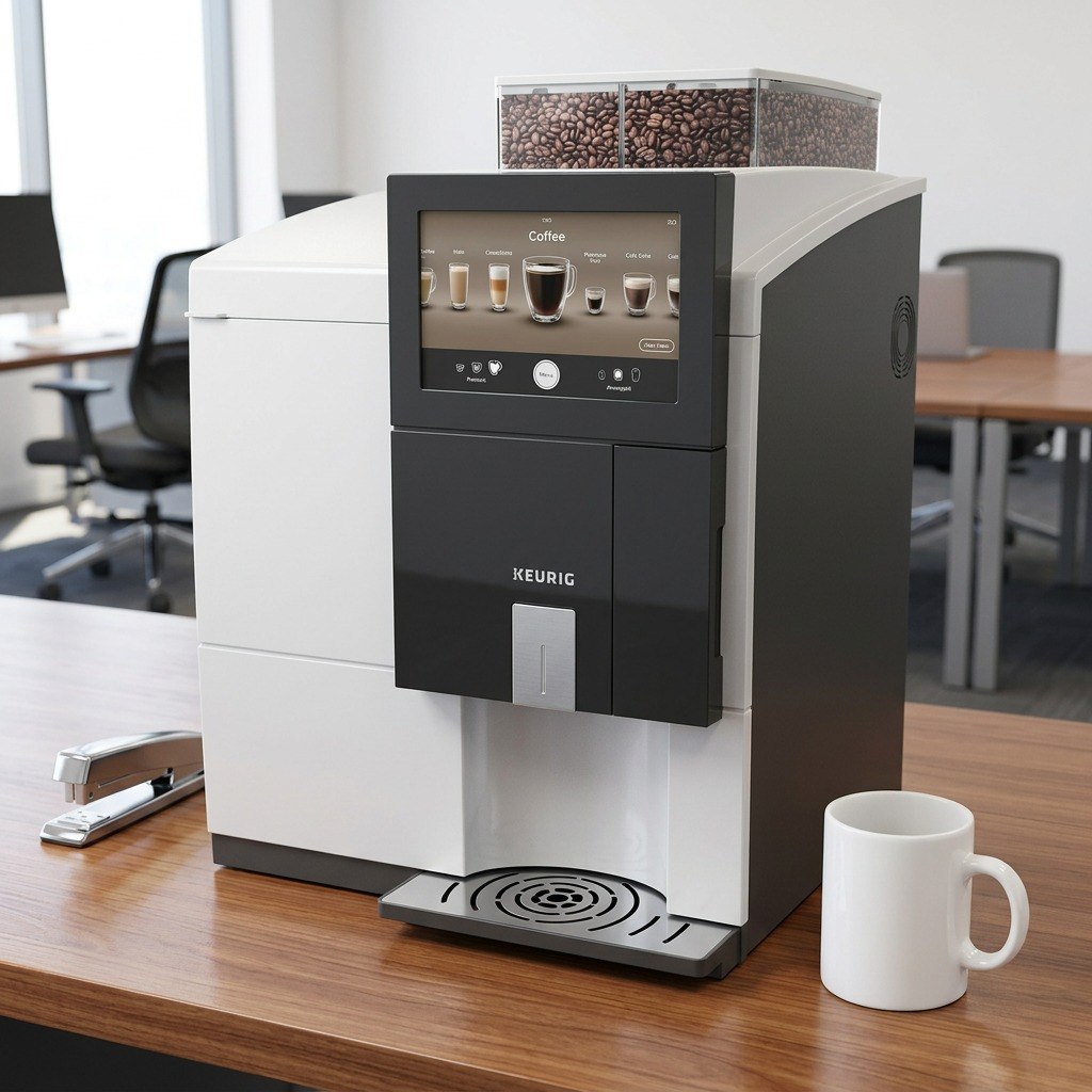 Keurig Eccellenza commercial coffee brewer on an office desk with a coffee mug for scale reference.