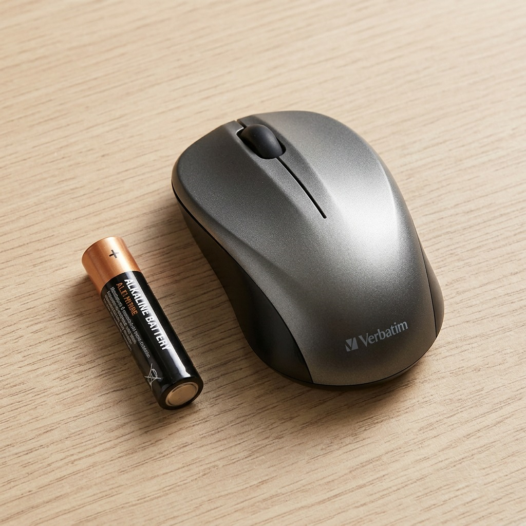 Verbatim mouse on desk next to AA battery, showing its compact size for scale.