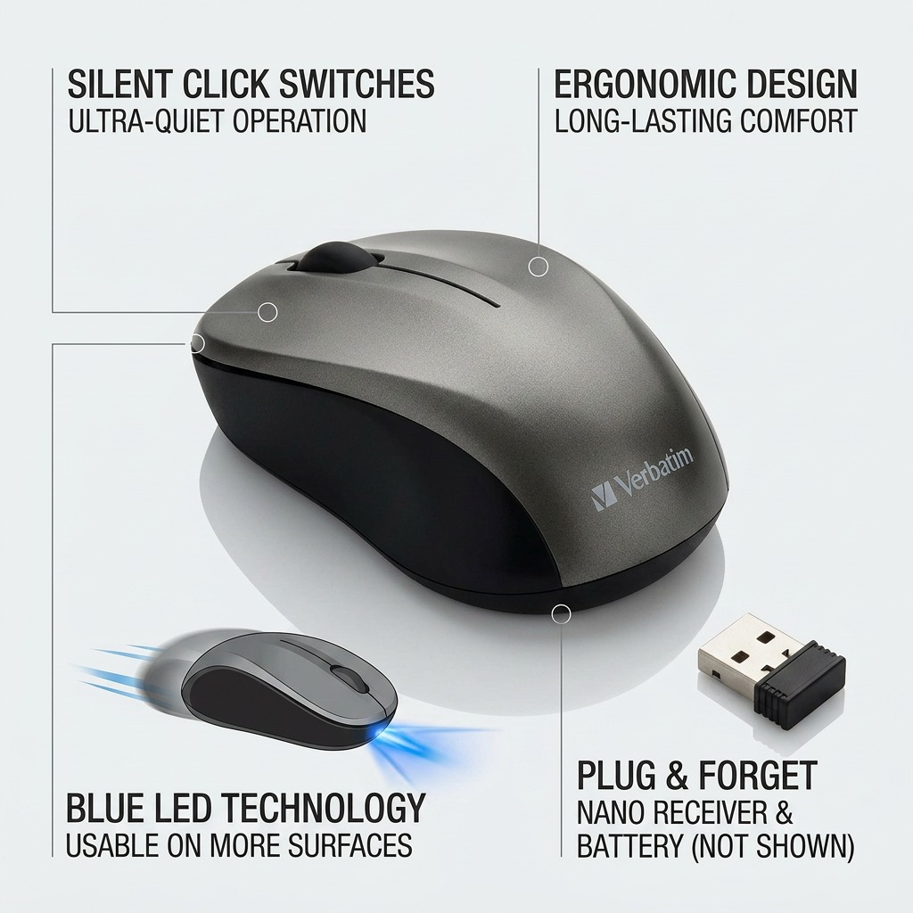 Verbatim Silent Wireless Blue LED Mouse with functional callout overlays.