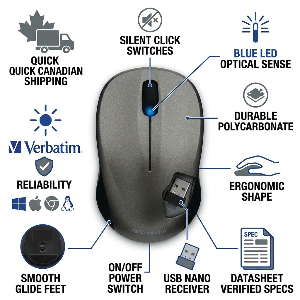 Verbatim Silent Blue LED Mouse infographic showing features, specs, and Canadian shipping.
