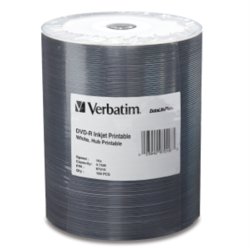 Verbatim DVD-R 16X WHT IJP HUB DL+ 100PK TAPE WR