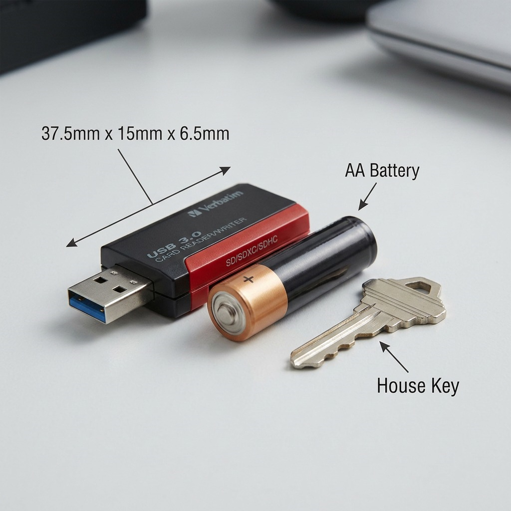 A Verbatim pocket card reader shown next to a standard AA battery and key on a desk for scale comparison.