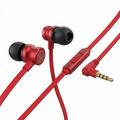 Pure high-resolution hero shot of Wicked Audio Havok Earbuds in Cherry Red, with inline mic and gold-plated L-plug, against a seamless white background.