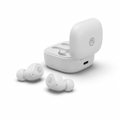Wicked Audio Apoc White earbuds: open case with correct logos and charging port, hero shot, clean white.