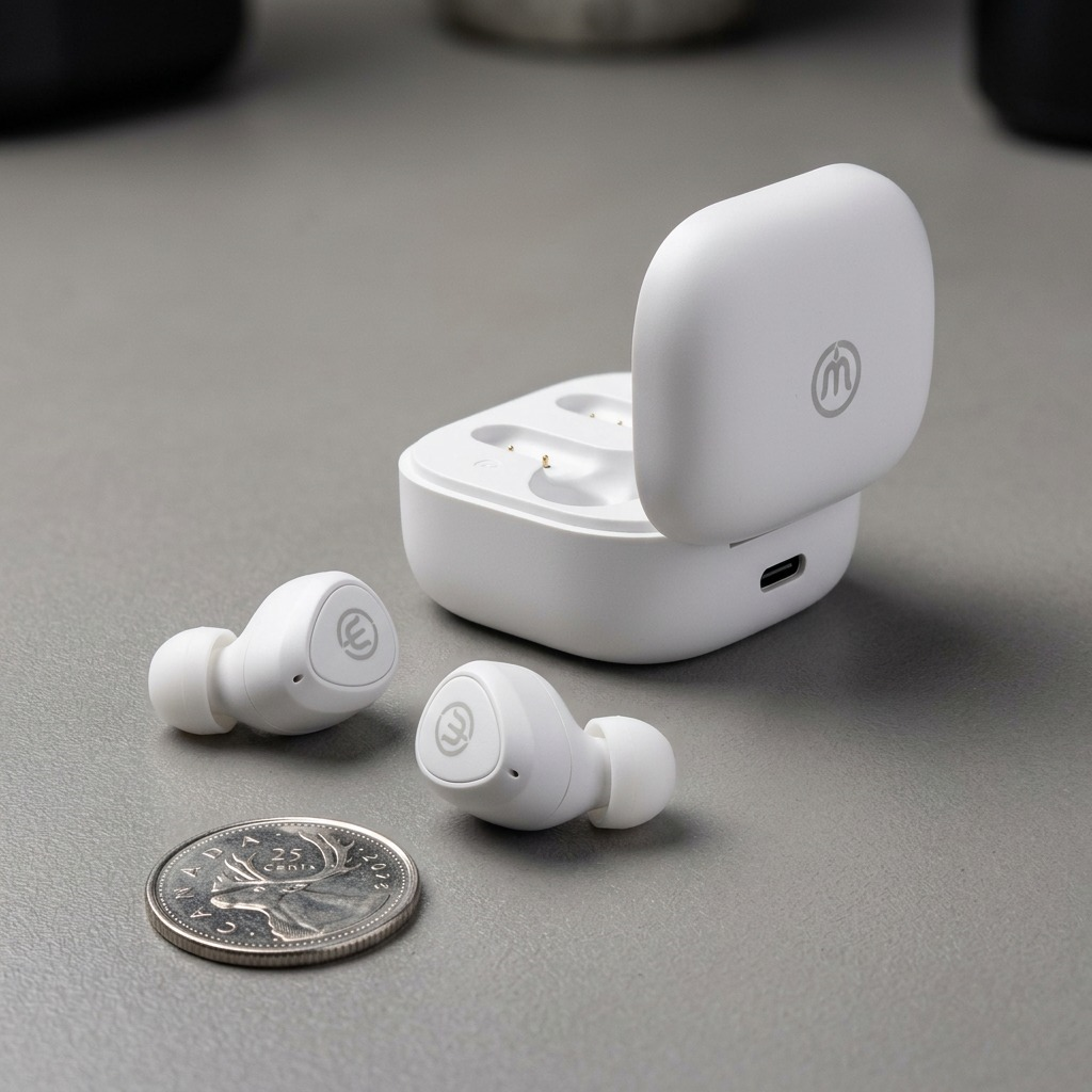 A scale comparison of Wicked Audio Apoc earbuds and case alongside a 25-cent Canadian coin.