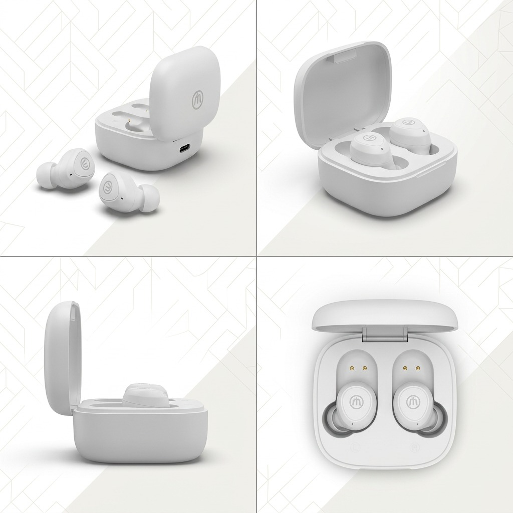 A premium grid shows four views of the Wicked Audio Apoc white earbuds in their open case.