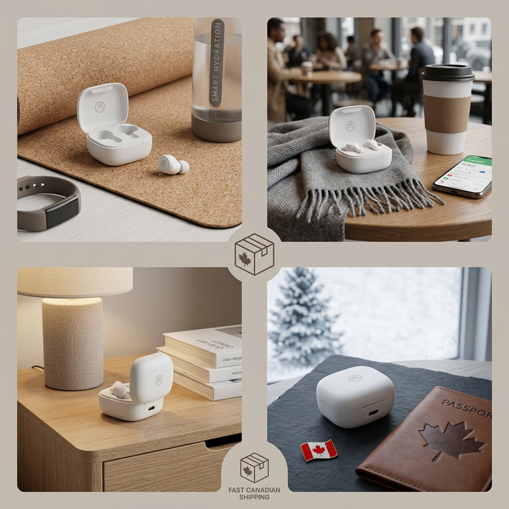 Wicked Audio Apoc earbuds lifestyle scenes: fitness, cafe, home, and Canadian travel context.