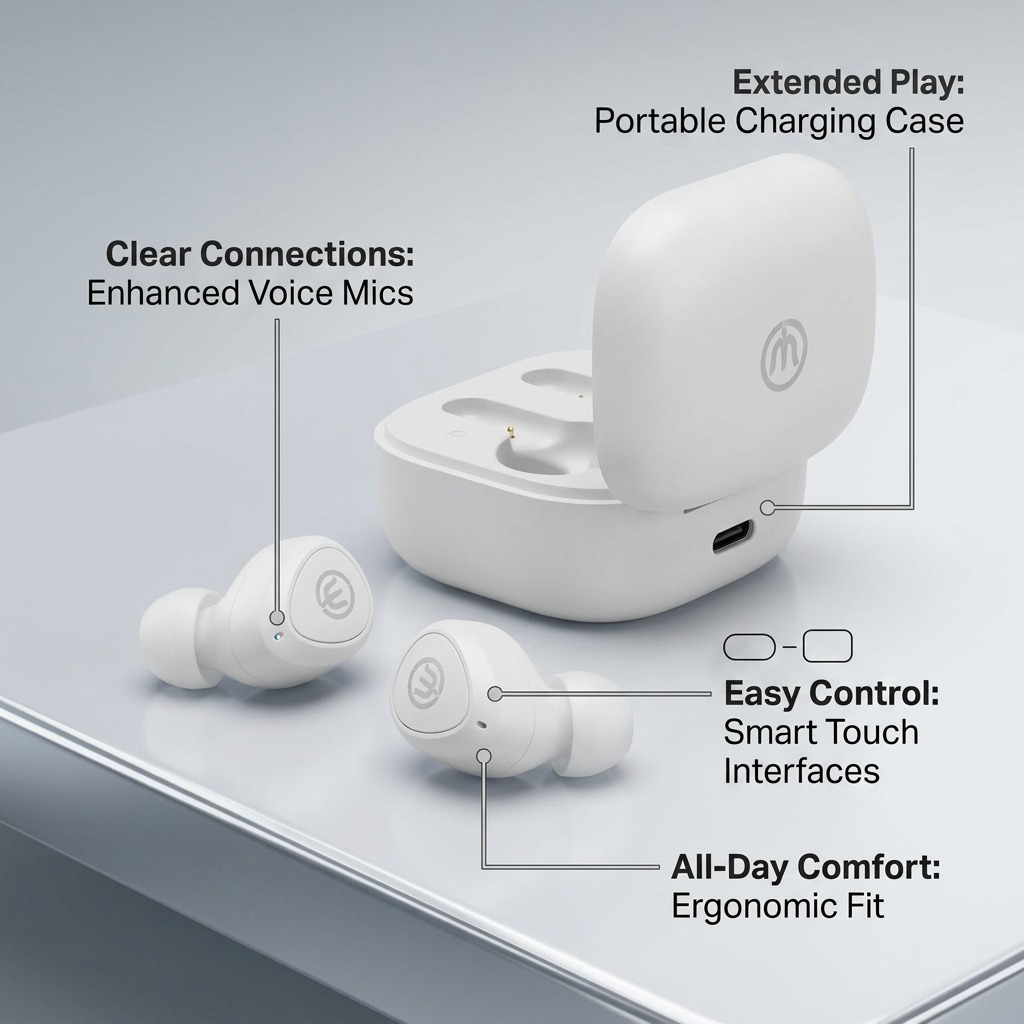 Feature callout graphic of Wicked Audio Apoc White earbuds and charging case with minimal labels.
