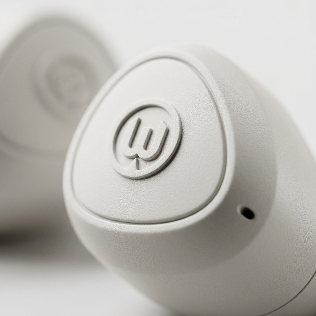 Macro photo of a white Wicked Audio earbud showing the molded 'W' logo and plastic texture.