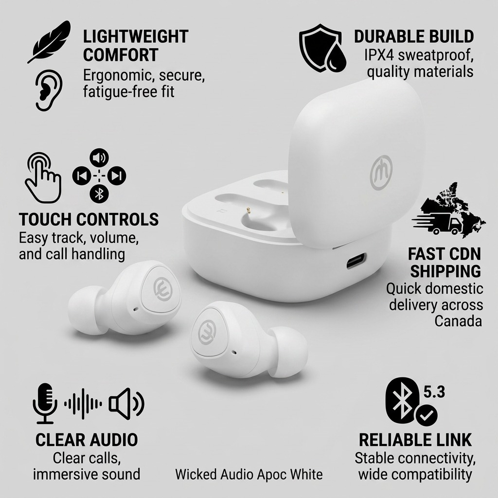 Infographic for Wicked Audio Apoc earbuds, detailing features like IPX4 build and clear audio.