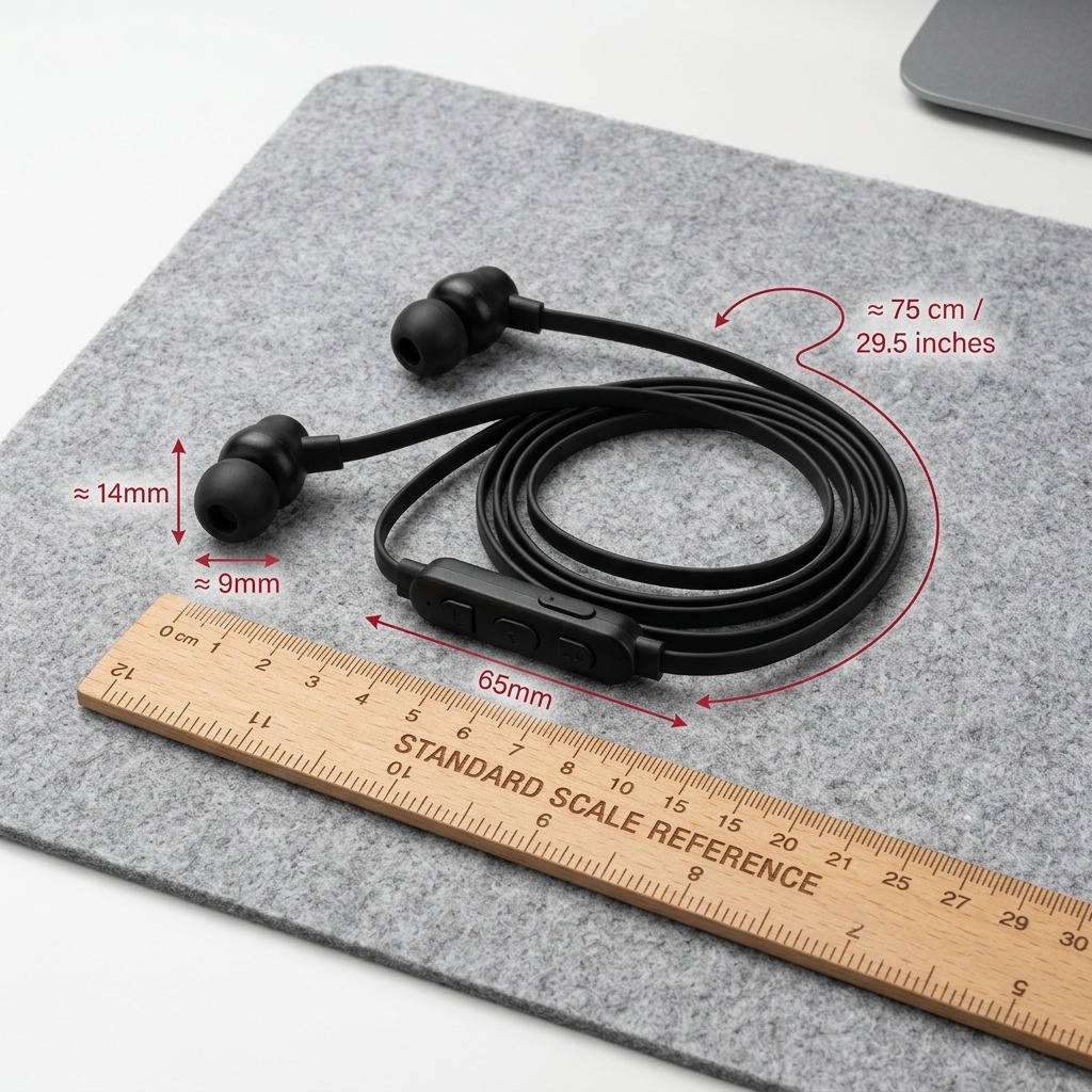A studio photograph of Wicked Audio Hiro earbuds next to a ruler and scale markers, showing dimensions.